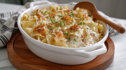 Creamy chicken alfredo pasta in white dish with wooden spoon