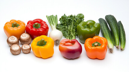 A vibrant assortment of fresh vegetables, featuring peppers, cucumbers, and mushrooms.