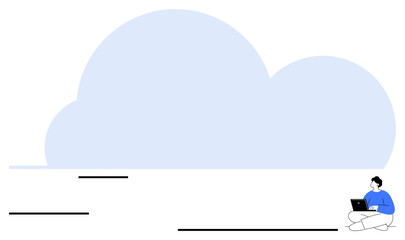Person sits on ground using laptop beside giant cloud graphic representing cloud storage and remote access. Ideal for technology, data management, remote work, networking, security, innovation