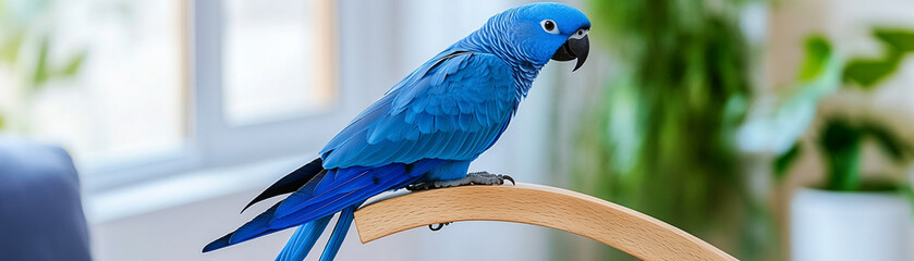 A vibrant blue parrot perched gracefully in a bright, lively environment.