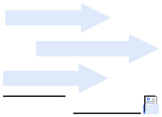 Three horizontal arrows symbolize movement, direction, progress. A document highlights data flow, task tracking. Ideal for teamwork, strategy, planning growth organization communication. Flat