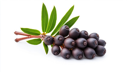 A vibrant cluster of black berries with green leaves on a white background.
