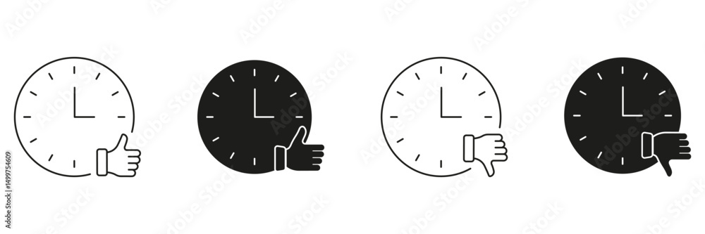 Poster clock with thumbs up and down line and solid icon set. time management, decision making, feedback ev