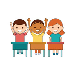 cute kids sitting at school desks raising their hands