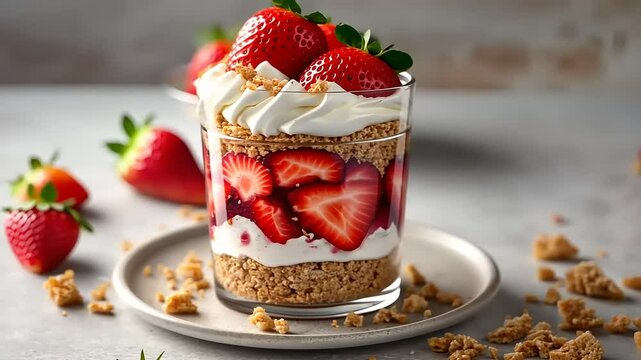 Delicious strawberry parfait in a glass with granola and whipped cream