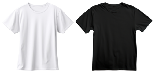 PNG White and black plain T-shirts side by side on display element set on transparent background.