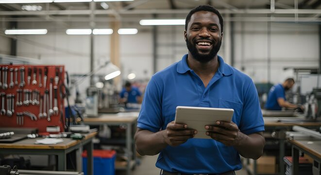 Portrait of a Smiling Male Factory Worker Using a Tablet Computer in a Busy Industrial Setting