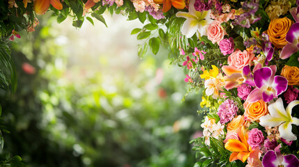 A vibrant floral archway adorned with colorful blossoms and greenery.