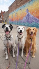 Dog park leash urban concept. Three happy dogs sit in front of a colorful mural on a city street, showcasing joyful companionship.