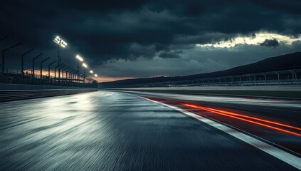 Empty race track at twilight under stormy clouds