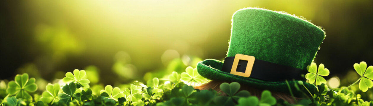 A vibrant green hat amid fresh clovers, symbolizing St. Patrick's Day celebrations.