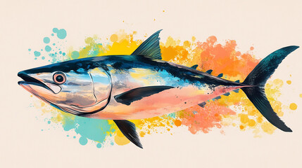 A vibrant illustration of a tuna fish with colorful splashes in the background.