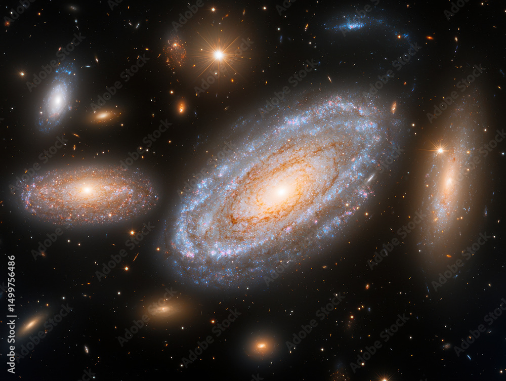 Poster cosmic sparkling and shining flash background with star clusters and galaxies