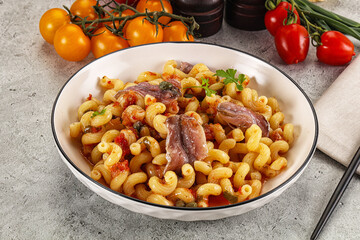 Italian pasta cellentani with anchovy