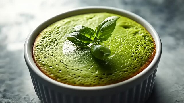 A small, round, white ramekin holds a vibrant green dessert topped with fresh basil leaves