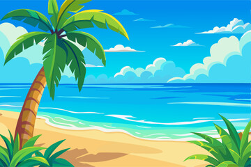 Tropical Beach Scene: Palm Tree, Ocean, Sandy Shore
