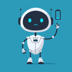 Sad robot with a low battery icon and downcast expression. Ideal for error pages, low energy icons, or emotional states in apps
