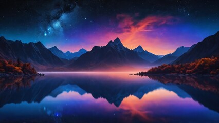 A vibrant sunset illuminates towering mountains reflected in a tranquil lake, surrounded by a peaceful forest and a starlit sky. The serene scene captures the harmony between nature's elements.