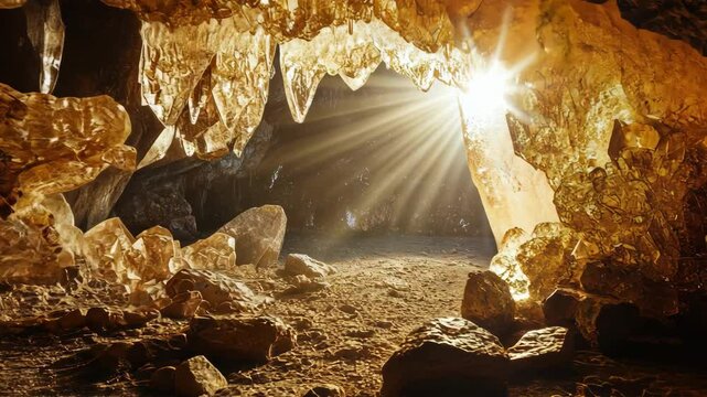 crystal cave with shining light beaming through rocks and stalactites, illuminating cavern