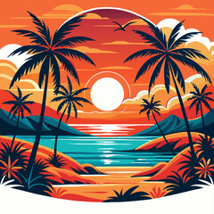 Tropical Sunset Beach Scene: Palm Trees, Ocean, and Sunset