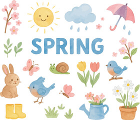 Cute spring season watercolor elements set – Bunny, birds, flowers, rain, rabbit, umbrella, and garden icons. Vector illustration for kids, crafts, and seasonal design