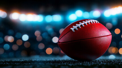 A vibrant, focus shot of a football on the field, highlighting its texture and color.