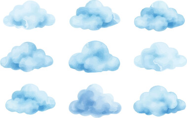 Watercolor clouds set in blue shades. Hand-painted fluffy sky elements transparent PNG. Children’s illustrations, fantasy art, dreamy sky, and weather-themed design vector.