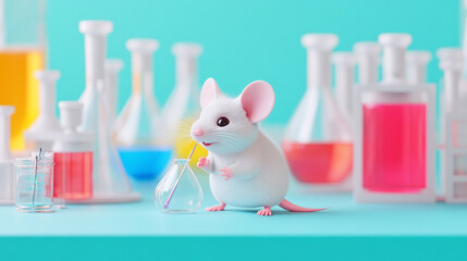 A white mouse conducting experiments in a colorful laboratory filled with flasks.