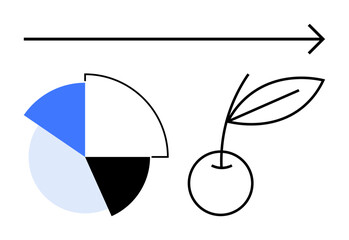 Pie chart sliced in segments, arrow pointing forward, and a plant symbolizing growth. Ideal for business, strategy, development, sustainability, finance innovation progress. Flat simple metaphor