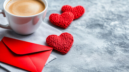 A warm coffee cup next to red hearts and an envelope, ideal for romantic moments.