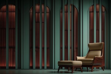 Obraz premium Minimalist dark green wall with vertical wooden panels and arched window frames, leather chair and footstool in front.