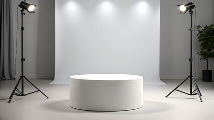 Projector and screen setup in a modern empty room with gallery-style interior with a podium. podium for product exhibition. business