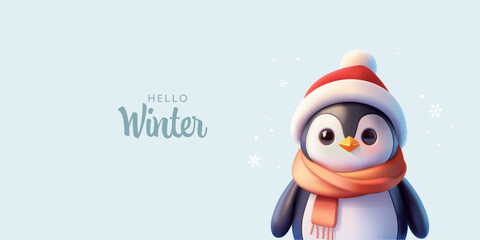 Hello winter. 3D cute penguin greeting the coming winter and holidays. Modern banner. Vector illustration.