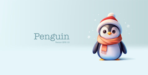 Little penguin in a Christmas hat and scarf, 3D. For winter holiday concepts, Christmas. Snow, penguin. Vector illustration.