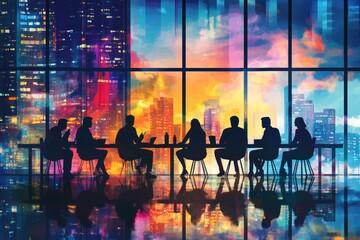 Silhouettes of people in a meeting, vibrant city lights through windows