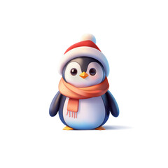 3D cute penguin character in a Christmas hat and scarf. Realistic image of a little penguin for celebration, winter, greeting concepts. Vector illustration.