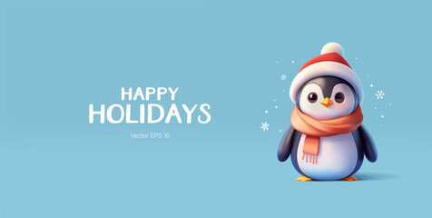 Happy Holidays, modern banner. 3D cute penguin, Christmas hat, scarf, snow. Winter, celebration, greeting. Vector illustration.
