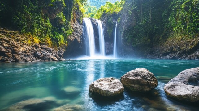 Luxury nature background with waterfall and rocks, minimalist premium outdoor design, flowing water, clean earth texture, elegant natural vibe