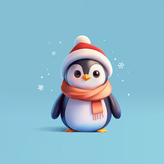 Penguin standing dressed in a Christmas hat and scarf, 3D. Cute penguin character, snow, winter. Winter holidays concept. Vector illustration.