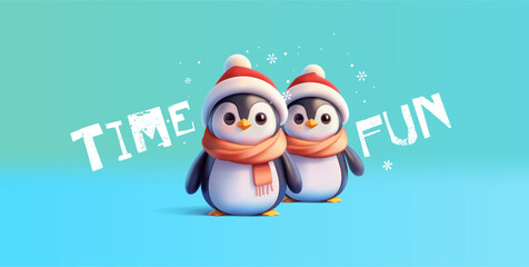Fototapeta premium Time to have fun, festive modern banner, 3D. A penguin dressed in a Christmas hat. Celebration, childhood, fun. Vector illustration.