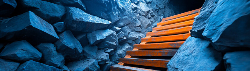 A wooden staircase leading through a stone tunnel bathed in blue light.