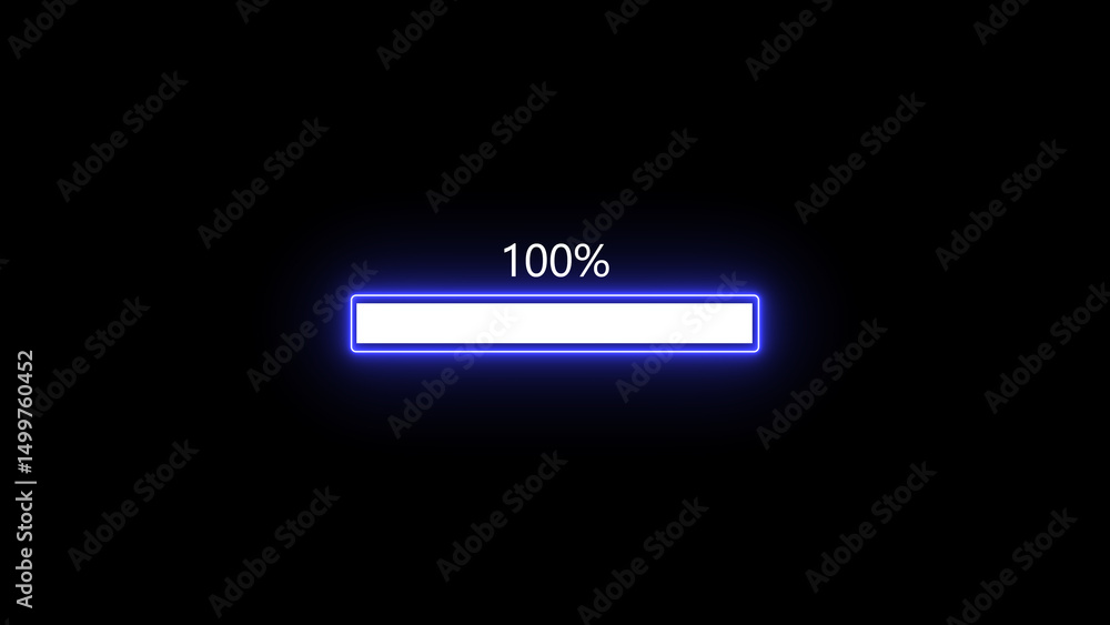 Poster complete process indicated by a neon blue progress bar at one hundred percent representing completio