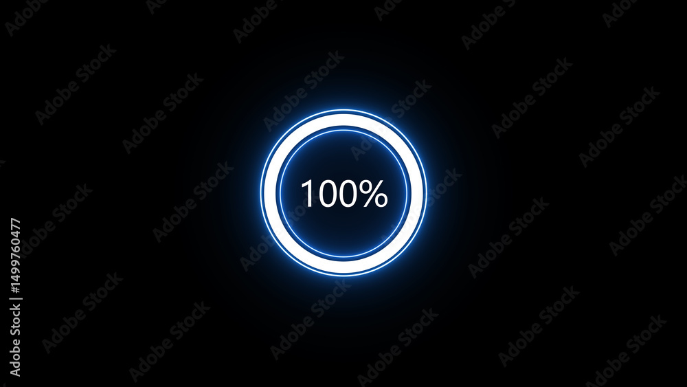 Poster a glowing neon 100 percent progress indicator circle displays completion on a dark background repres