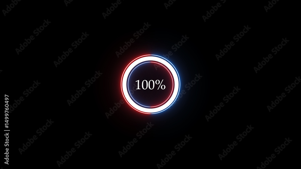 Poster animated circular progress indicator displaying 100 percent completion with neon lighting effects se