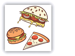 Fast food restaurant business marketing social media post or banner template design with abstract geometric background, logo and icon. Promotion flyer or web poster for pizza and vegetable burger.