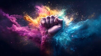 Obraz premium Vibrant raised fist symbolizes unity and strength during Pride Month celebration with rainbow colors promoting diversity