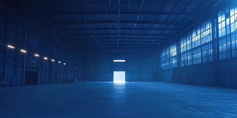 Fototapeta premium Empty warehouse interior, monochromatic blue