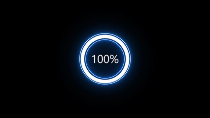A glowing neon 100 percent progress indicator circle displays completion on a dark background representing finishing and success.