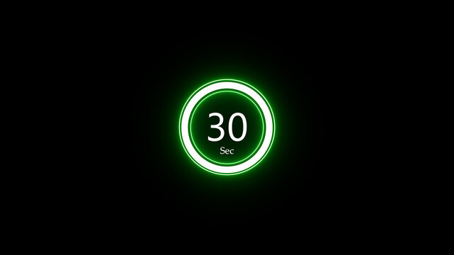 A vibrant green illuminated 30 second countdown timer displayed against a stark black background perfect for time references.