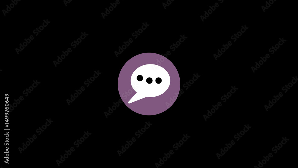 Poster minimalist chat icon with three dots inside a purple circle on a black background representing commu